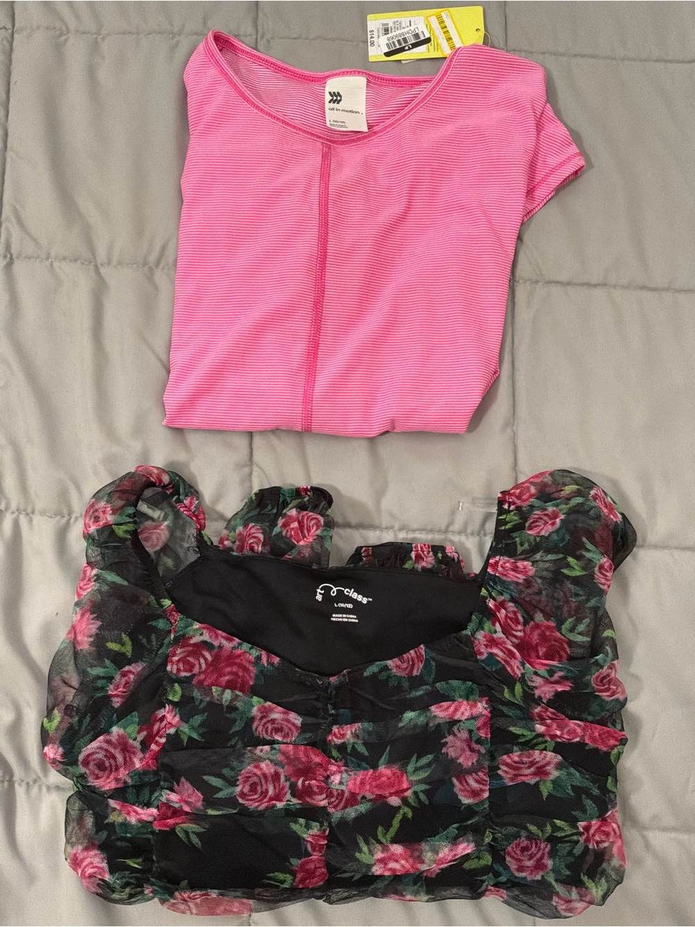 Bundle Lot of 2 Bright Pink Athletic Top + Black Floral Ruffle Blouse